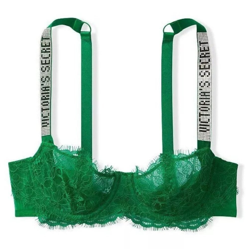 Victoria's Secret Emerald Lace Balconette Bra with Rhinestone Logo Straps